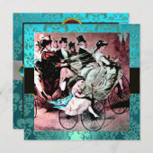 ブラック ピンク ブルー 自転車 ウェディング ダマスク モノグラム 招待状 (正面/裏面)