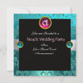 ブラック ピンク ブルー 自転車 ウェディング ダマスク モノグラム 招待状 (裏面)