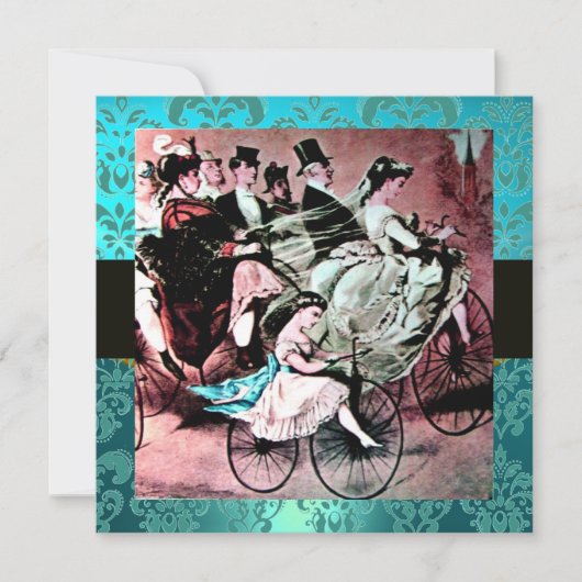 ブラック ピンク ブルー 自転車 ウェディング ダマスク モノグラム 招待状 (正面)