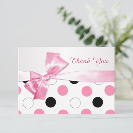 ブラック、ピンク、ホワイト水玉模様バルミツワーありがとう サンキューカード (スタンド正面)