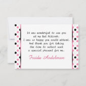 ブラック、ピンク、ホワイト水玉模様バルミツワーありがとう サンキューカード (裏面)