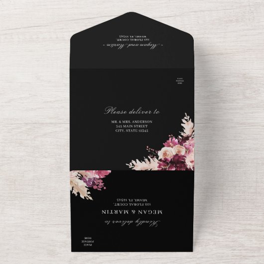 ブラック、ピンク ボーホー ウェディング オールインワン 招待状 (外側)