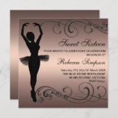 ブラック&ピーチバレリーナ誕生日招待状 招待状 (正面/裏面)