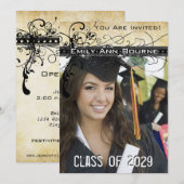 ブラック ファンキー エレガント スワール 卒業式招待状 招待状 (正面/裏面)