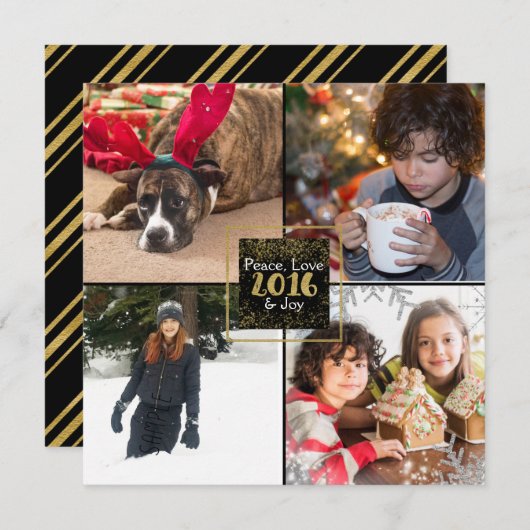 ブラック&フェイクきらめく金ゴールド2016 Holiday 4写真 シーズンカード (正面/裏面)