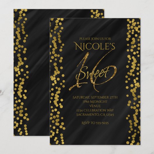 ブラック&フェイクゴールド モダングラムール SWEET 16 シックスティーン 招待状 (正面/裏面)