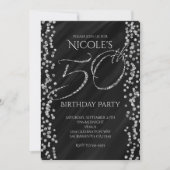 ブラック＋フェイクシルバー＋ラメでゴージャスな50歳の誕生日 招待状 (正面)