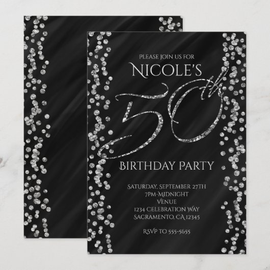 ブラック＋フェイクシルバー＋ラメでゴージャスな50歳の誕生日 招待状 (正面/裏面)