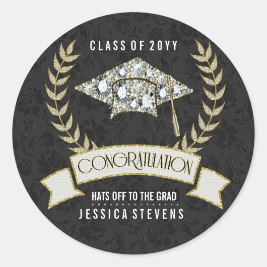 ブラック&フェイクダンソンズと金ゴールド卒業帽子 ラウンドシール (正面)