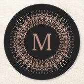 ブラック&フェイクバラ金ゴールドエレガントイニシャルモノグラム ラウンドペーパーコースター (正面)
