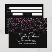 ブラック＆フェイクピンクグリッターギフト証明書カード 招待状 (正面/裏面)