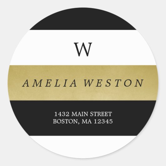 ブラック&フェイク金ゴールドストライプ |差出人住所ラベル ラウンドシール (正面)