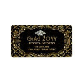 ブラック&フェイク金ゴールドダマスク&グリッターグラッドハット2 ラベル