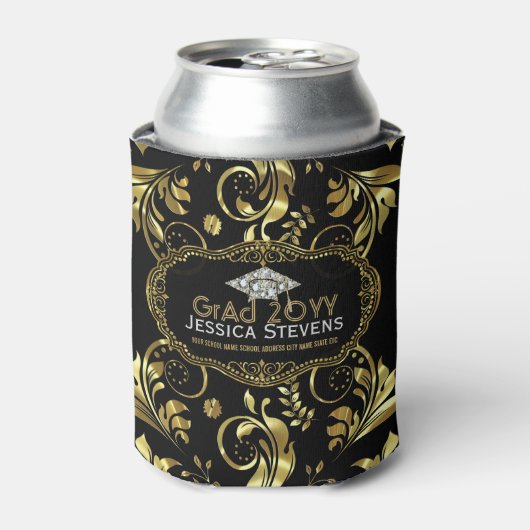 ブラック&フェイク金ゴールド卒業ハット2b 缶クーラー (缶正面)
