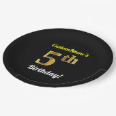 ブラック、フェイク金ゴールド第5誕生日+名前をカスタムする ペーパープレート (アングル)