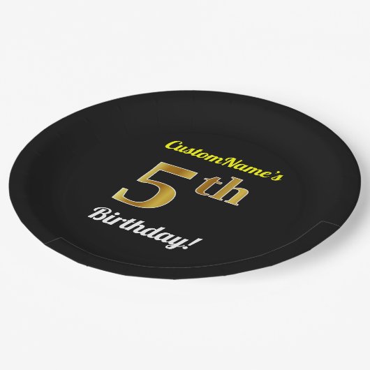 ブラック、フェイク金ゴールド第5誕生日+名前をカスタムする ペーパープレート (アングル)