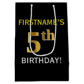 ブラック、フェイク金ゴールド第5誕生日+名前をカスタムする ミディアムペーパーバッグ (裏面)