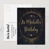 ブラック&フェイク金ゴールド誕生日招待状 インビテーションポストカード (正面/裏面)