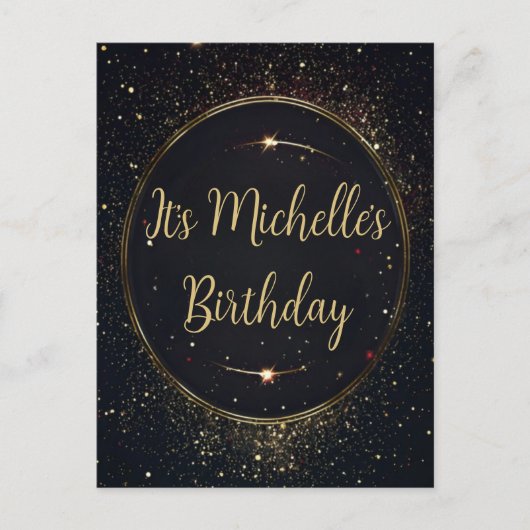 ブラック&フェイク金ゴールド誕生日招待状 インビテーションポストカード (正面)