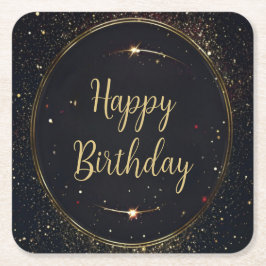 ブラック&フェイク金ゴールド誕生日紙コースター スクエアペーパーコースター