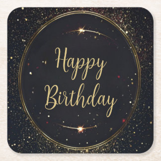 ブラック&フェイク金ゴールド誕生日紙コースター スクエアペーパーコースター