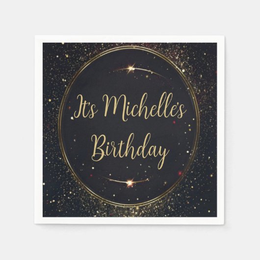 ブラック&フェイク金ゴールド誕生日 スタンダードカクテルナプキン (正面)