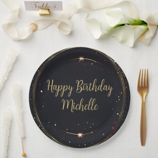 ブラック&フェイク金ゴールド誕生日 ペーパープレート (ウェディング)
