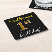 ブラック、フェイク金ゴールド1歳の誕生日+名前をカスタムする スクエアペーパーコースター (アングル)