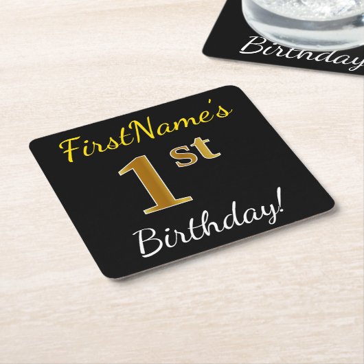 ブラック、フェイク金ゴールド1歳の誕生日+名前をカスタムする スクエアペーパーコースター (アングル)