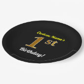 ブラック、フェイク金ゴールド1歳の誕生日+名前をカスタムする ペーパープレート (アングル)