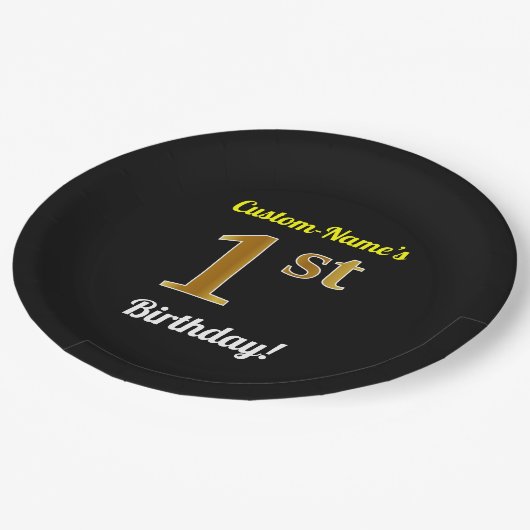 ブラック、フェイク金ゴールド1歳の誕生日+名前をカスタムする ペーパープレート (アングル)