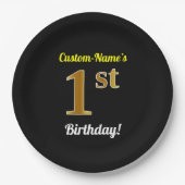 ブラック、フェイク金ゴールド1歳の誕生日+名前をカスタムする ペーパープレート (正面)