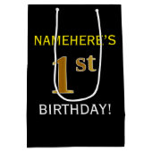 ブラック、フェイク金ゴールド1歳の誕生日+名前をカスタムする ミディアムペーパーバッグ (裏面)