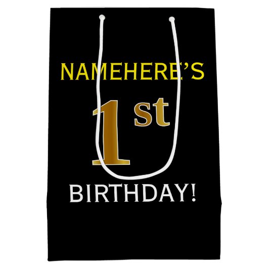 ブラック、フェイク金ゴールド1歳の誕生日+名前をカスタムする ミディアムペーパーバッグ (裏面)