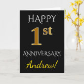 ブラック、フェイク金ゴールド1結婚周年+名前 カード (黄色い花)