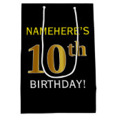 ブラック、フェイク金ゴールド10誕生日+名前をカスタムする ミディアムペーパーバッグ (裏面)