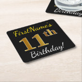 ブラック、フェイク金ゴールド11誕生日+名前をカスタムする スクエアペーパーコースター (アングル)
