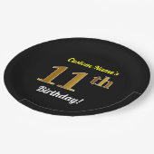 ブラック、フェイク金ゴールド11誕生日+名前をカスタムする ペーパープレート (アングル)