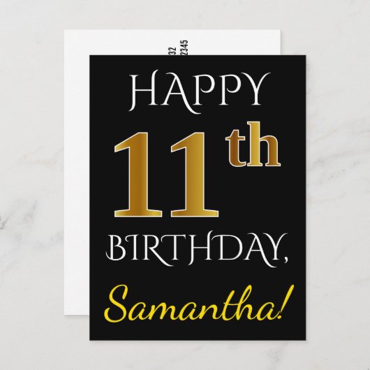 ブラック、フェイク金ゴールド11誕生日+名前をカスタムする ポストカード (正面/裏面)