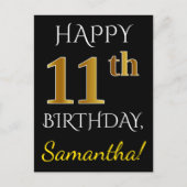 ブラック、フェイク金ゴールド11誕生日+名前をカスタムする ポストカード (正面)