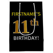 ブラック、フェイク金ゴールド11誕生日+名前をカスタムする ミディアムペーパーバッグ (裏面)