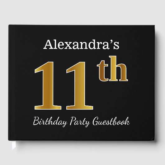 ブラック、フェイク金ゴールド11th誕生日パーティー+名前をカスタムする ゲストブック (正面)