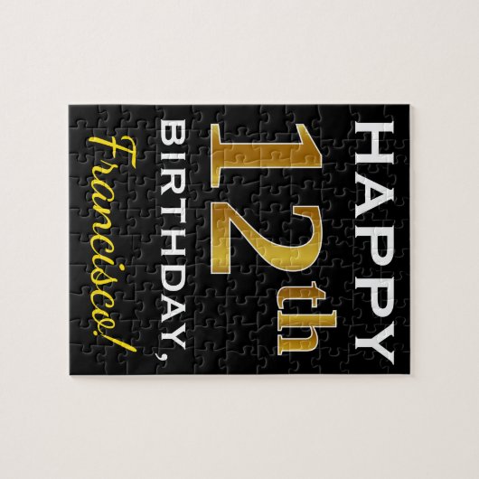 ブラック、フェイク金ゴールド12番目の誕生日+名前をカスタムする ジグソーパズル (横)