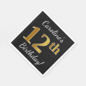 ブラック、フェイク金ゴールド12番目の誕生日+名前をカスタムする スタンダードランチョンナプキン (角)