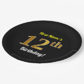 ブラック、フェイク金ゴールド12番目の誕生日+名前をカスタムする ペーパープレート (アングル)