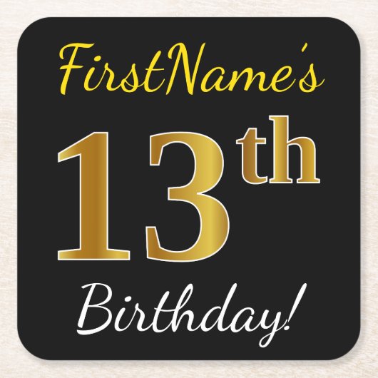 ブラック、フェイク金ゴールド13番目の誕生日+名前をカスタムする スクエアペーパーコースター (正面)
