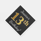 ブラック、フェイク金ゴールド13番目の誕生日+名前をカスタムする スタンダードランチョンナプキン (角)