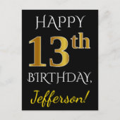 ブラック、フェイク金ゴールド13番目の誕生日+名前をカスタムする ポストカード (正面)