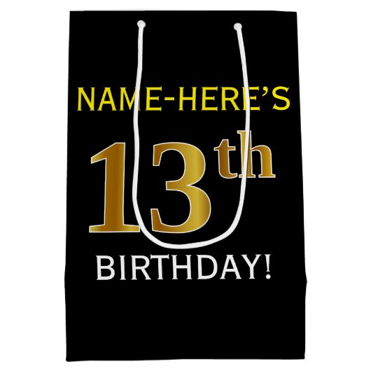 ブラック、フェイク金ゴールド13番目の誕生日+名前をカスタムする ミディアムペーパーバッグ (裏面)