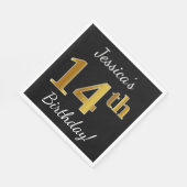 ブラック、フェイク金ゴールド14番目の誕生日+名前をカスタムする スタンダードランチョンナプキン (角)